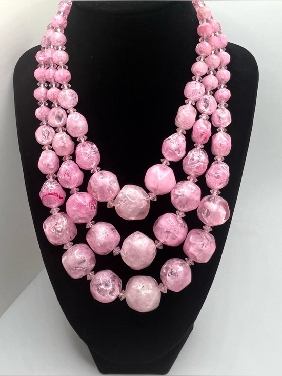 Hattie Carnegie Jewelry - Vintage Carnegie Pink Glass Bead Necklace 3 Strand Chunky Signed Statement